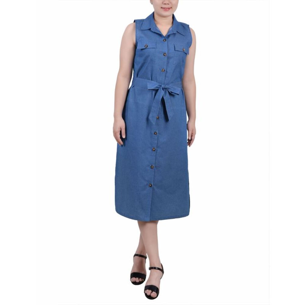 NY Collection Petite Sleeveless Belted Chambray Midi Dress